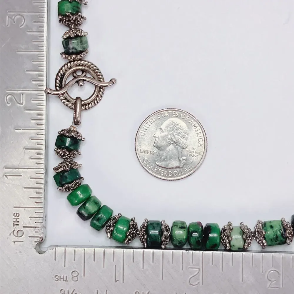 Genuine Ruby in Zoisite Green Gemstone Bead Necklace Silver Tone Artisan Choker